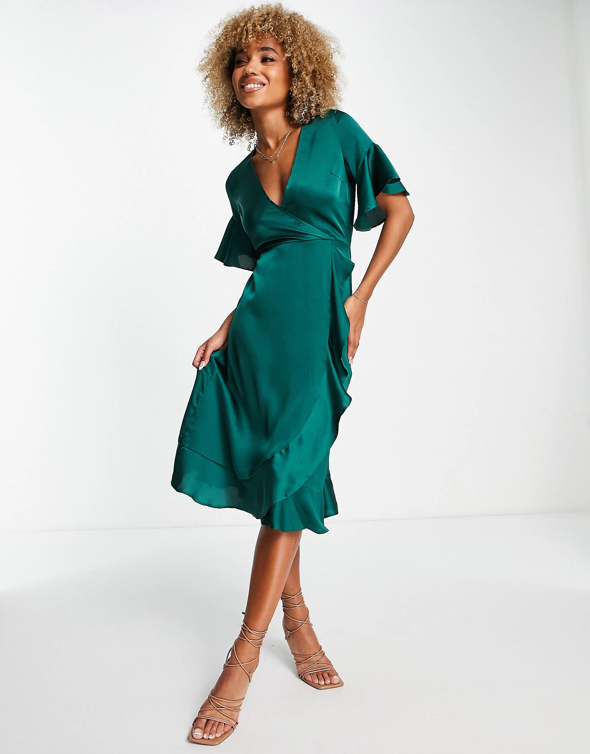 AX Paris ruffle wrap midi dress in emerald green | ASOS (Global)