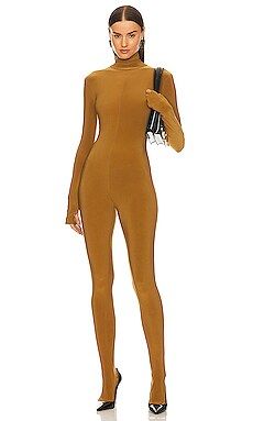 Norma Kamali Slim Fit Turtle Catsuit With Footsie in Woods from Revolve.com | Revolve Clothing (Global)