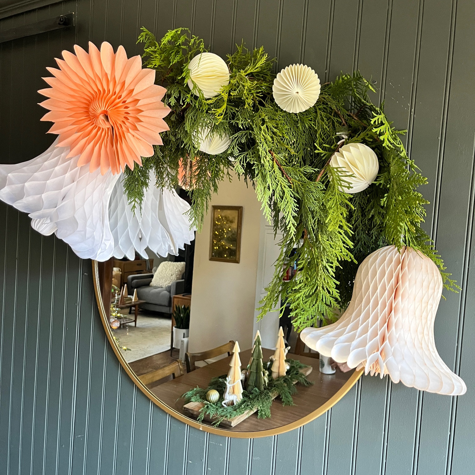 Paper bells and greenery garland holiday decor 

#LTKCyberWeek #LTKSeasonal #LTKHoliday