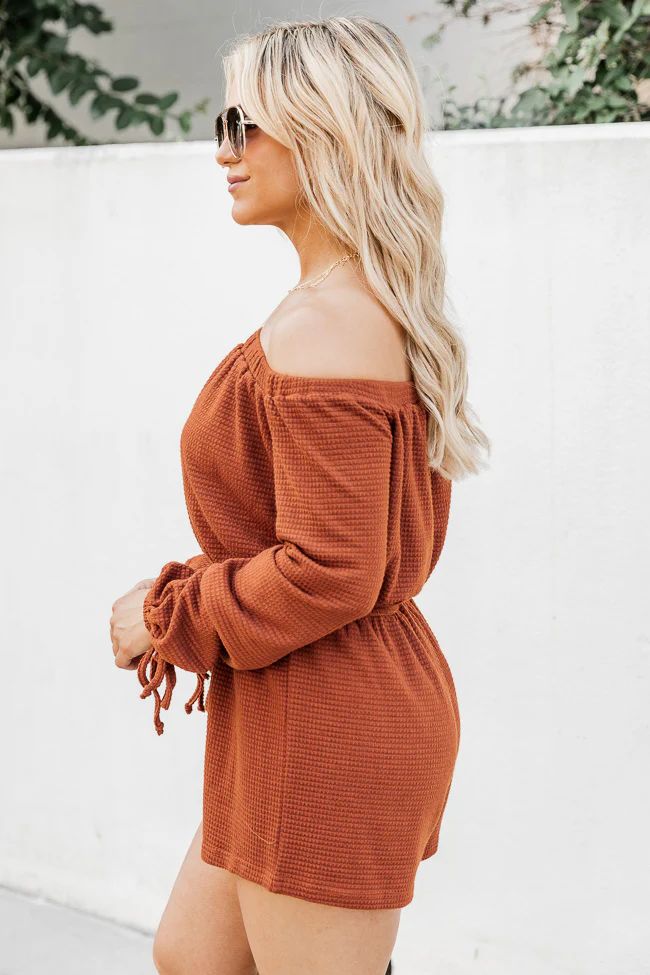 A Darling Day Rust Waffle Knit Off The Shoulder Romper | Pink Lily