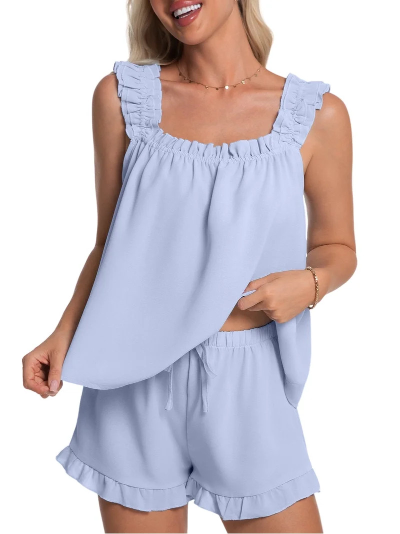 DAKIMOE Womens Pajamas Set 2 Piece Ruffle Pj Soft Tank Top and Shorts Sleepwear Lounge Sets for W... | Walmart (US)