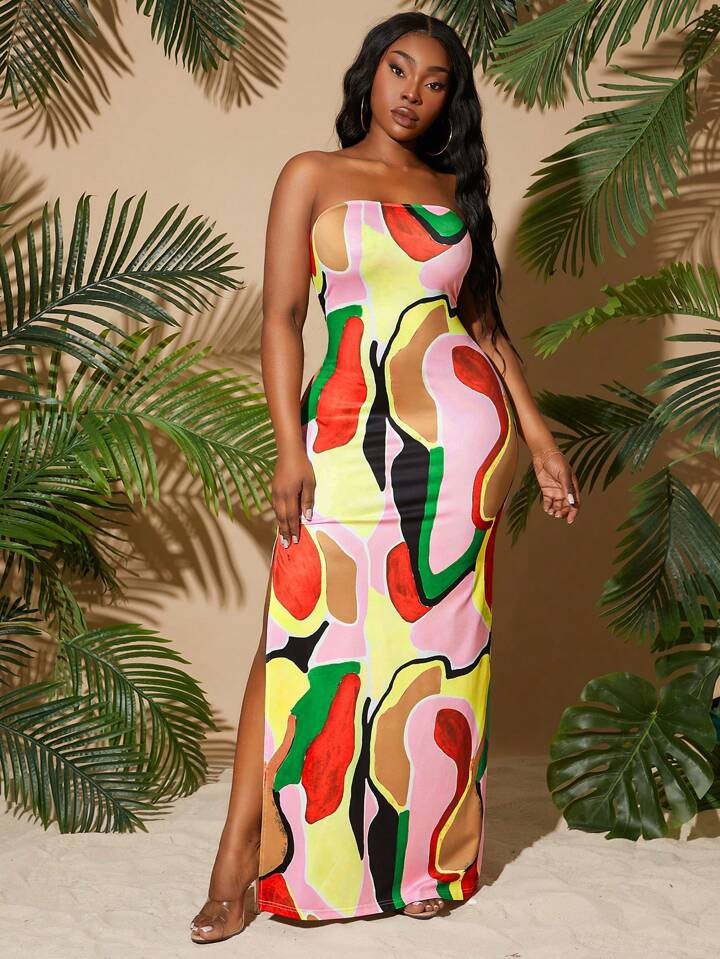 SHEIN SXY Plus Size Sleeveless Floral Print Split Hem Fitted Dress | SHEIN