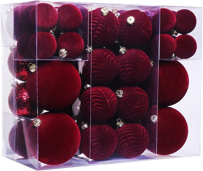 53 Pcs Velvet Christmas Ornaments Set, Burgundy Flocked Christmas Balls with Christmas Bells Deco... | Amazon (US)