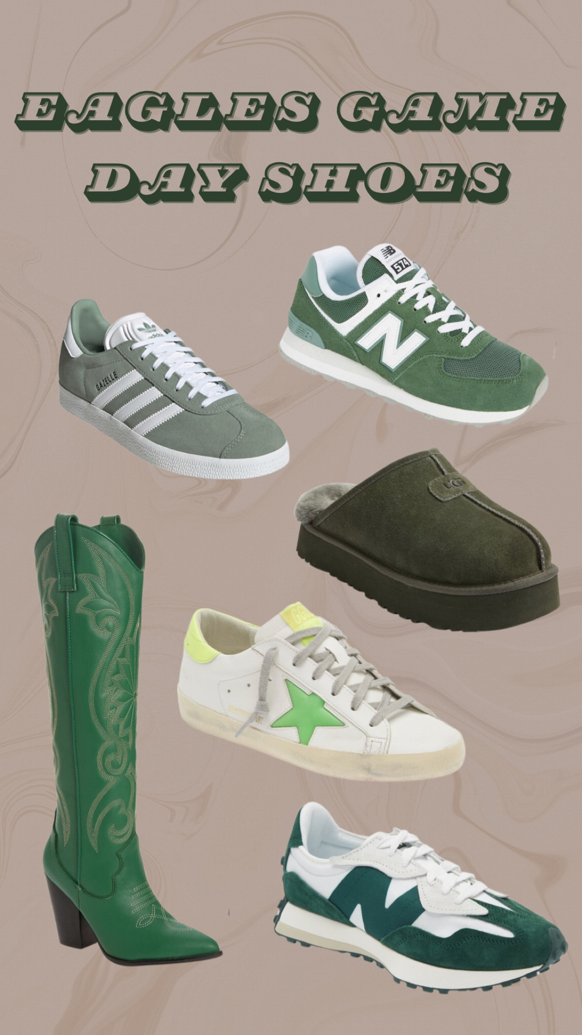 Football game day shoe fashion 💚 go birds 🦅 #newbalance #adidas #ugg #goldengoose #cowgirlboots #vans 

#LTKSeasonal #LTKstyletip