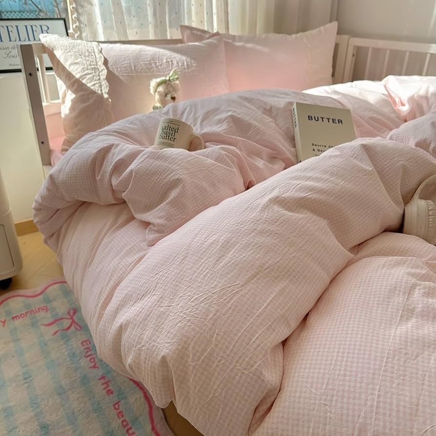 MKXI Vintage Floral Duvet Cover Set Twin - Pink & White Gingham Check with Lace Border, Soft Wash... | Amazon (US)