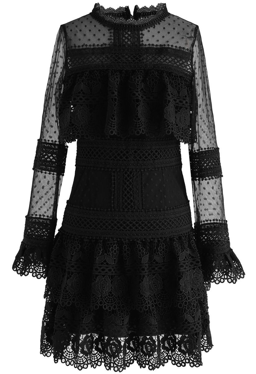 Sweet Destiny Tiered Crochet Mesh Dress in Black | Chicwish