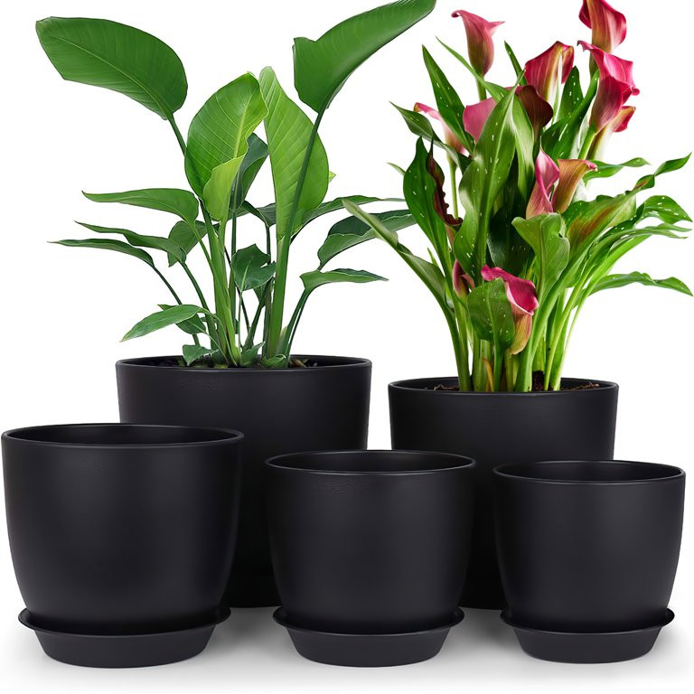 5 Pack Plant Pots, Flower Pots with Drainage Holes and Saucers, Plastic Planters for Indoor Outdo... | Walmart (US)