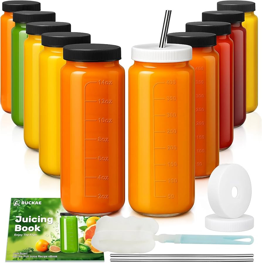 Ruckae 16oz 10 Pack Juice Bottles, Glass Bottles with Lids, Smoothie Cup Lids and Straws, Water B... | Amazon (US)