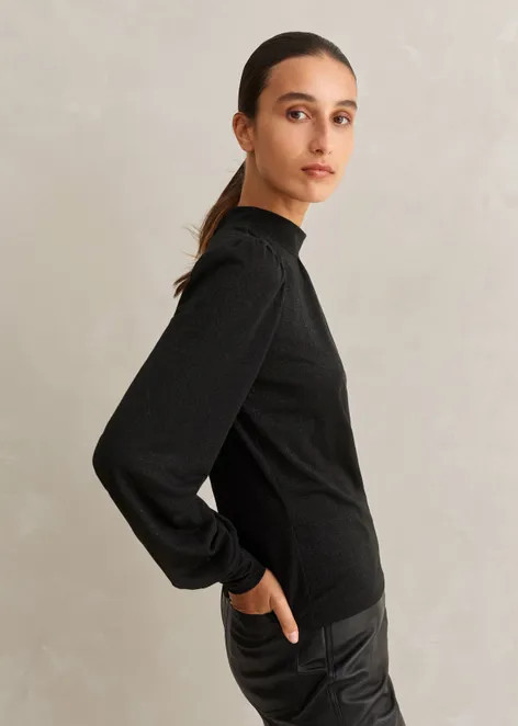 High Neck Metallic Balloon Sleeve Top | ME+EM Global (Excluding US)