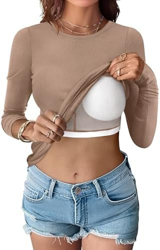 ANRABESS Women Long Sleeve Shirts Built-in Bra Crewneck Rib Knit Slim Fit Basic Tee Tops 2025 Fal... | Amazon (US)