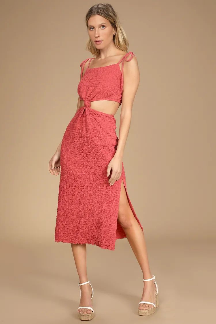 Dream Day Out Rusty Rose Crinkle Knot-Front Midi Dress | Lulus (US)