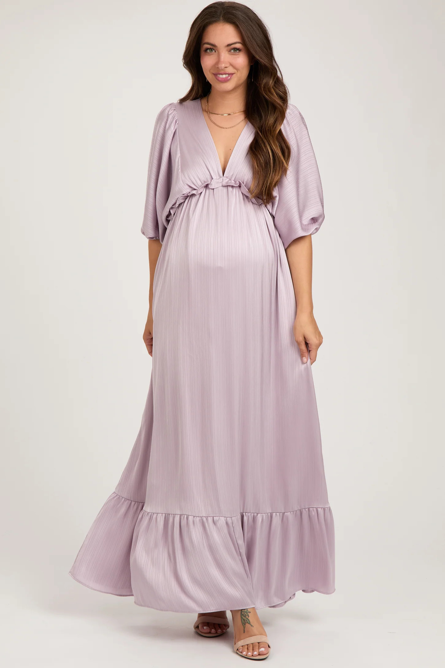 Beige Striped Ruffle Accent Maternity Maxi Dress | PinkBlush Maternity