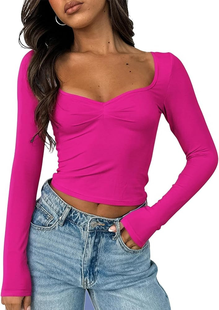 ForeFair Tops Sexys de Manga Larga para Salir para Mujeres Camisa Bustier Plisada Lindo Cuello Co... | Amazon (US)