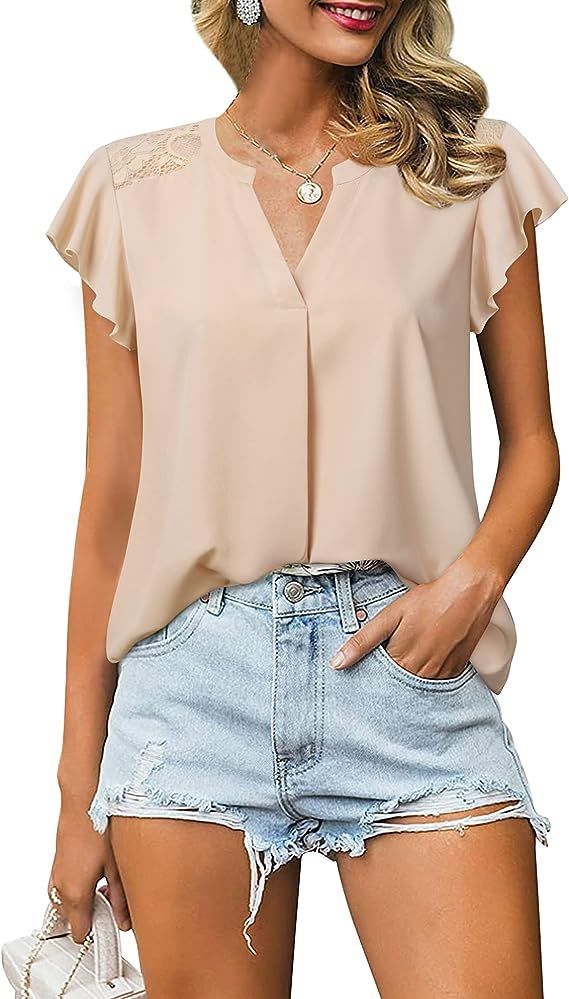 Gaharu Women's Notch V Neck Short Sleeve Chiffon Shirts Casual Lace Blouse Top | Amazon (US)