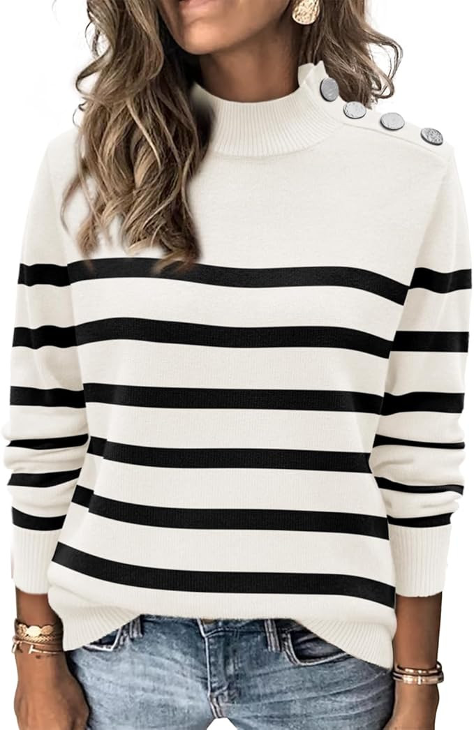 ATHMILE Fall Mock Neck Striped Sweaters for Women 2025 Winter Turtleneck Long Sleeve Knit Sweater... | Amazon (US)