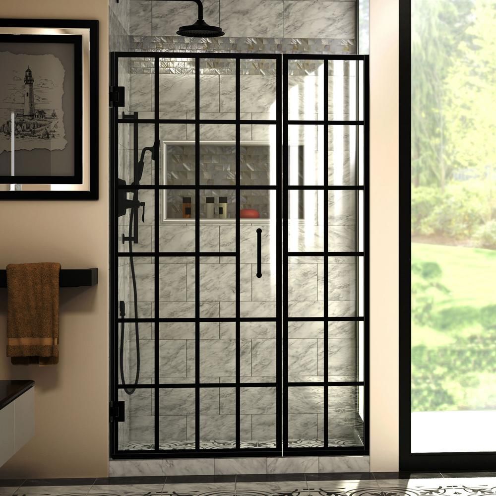 Unidoor Toulon 46 in. to 46-1/2 in. W x 72 in. H Frameless Hinged Shower Door in Satin Black | The Home Depot