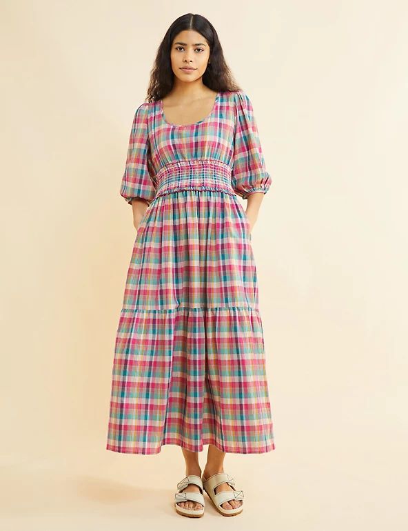 Pure Cotton Checked Midi Waisted Dress | Albaray | M&S | Marks & Spencer (UK)