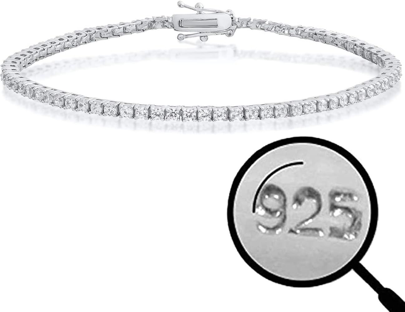 Amazon.com: Real Solid 925 Sterling Silver 2mm CZ Tennis Bracelet - 6-8.5" Iced Diamond One Row B... | Amazon (US)