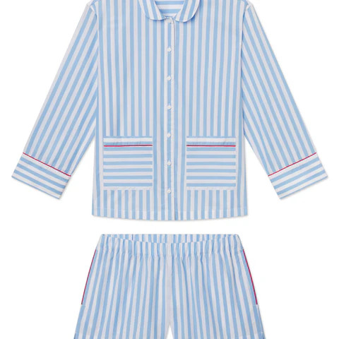 Poplin Piped Long-Short Set in Baltic Blue Beam Stripe | Lake Pajamas