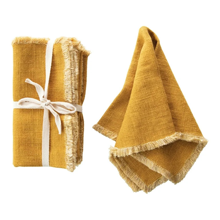 Creative Co-Op Mustard Square Linen Blend Napkin with Fringe Trim (Set of 4) | Walmart (US)