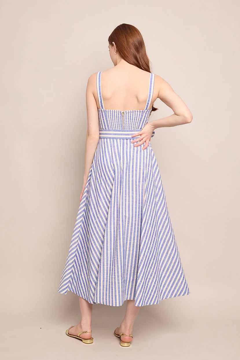 Calypso Dress in Ivory Blue Striped Seersucker | Over The Moon