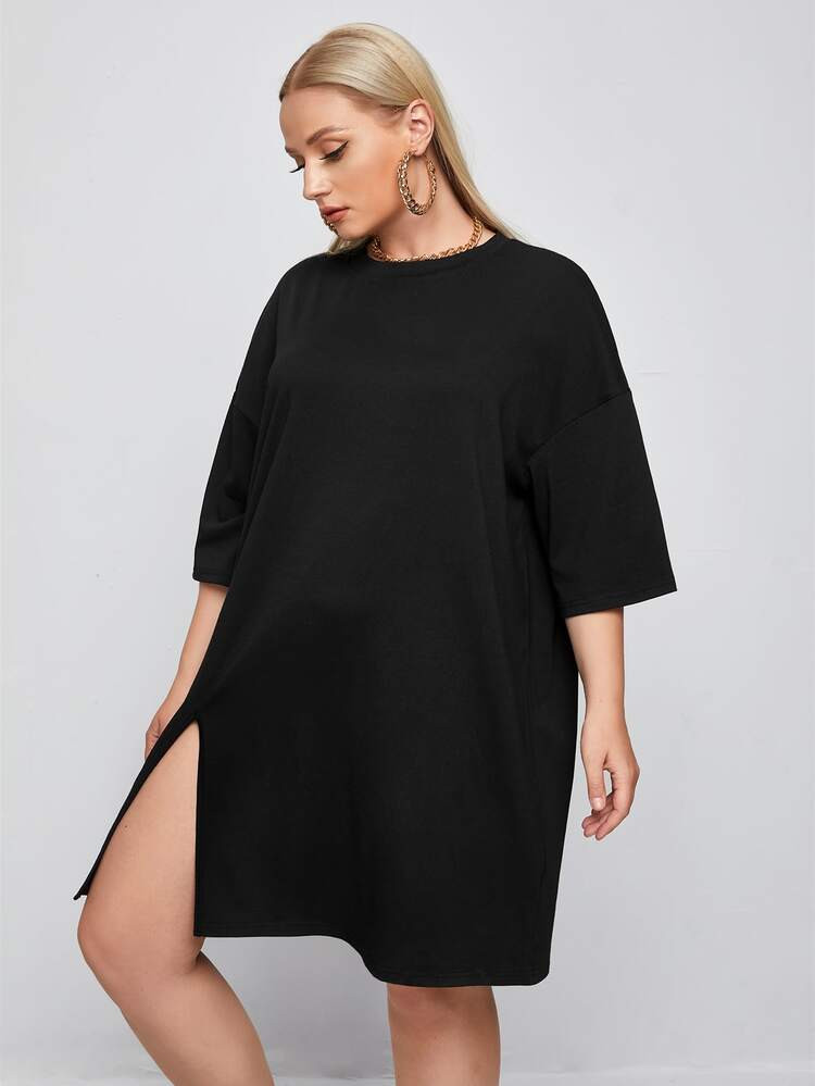 Plus Solid Slit Hem Longline Tee Dress | SHEIN