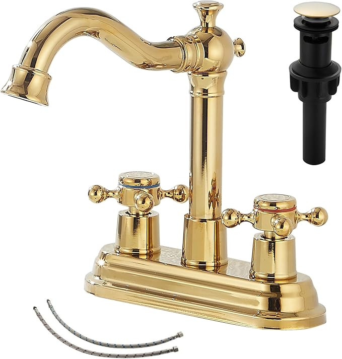 GGStudy Polished Gold Bathroom Faucet - 2 Handles, 4 Inches Centerset, RV Vanity With Drain Assem... | Amazon (US)