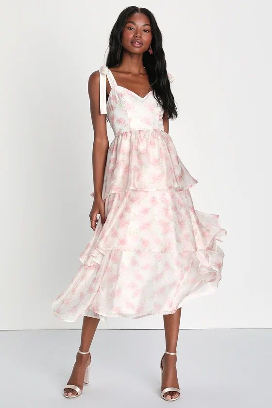 Blossoming Sweetness Ivory Floral Tiered Tie-Strap Midi Dress | Lulus (US)