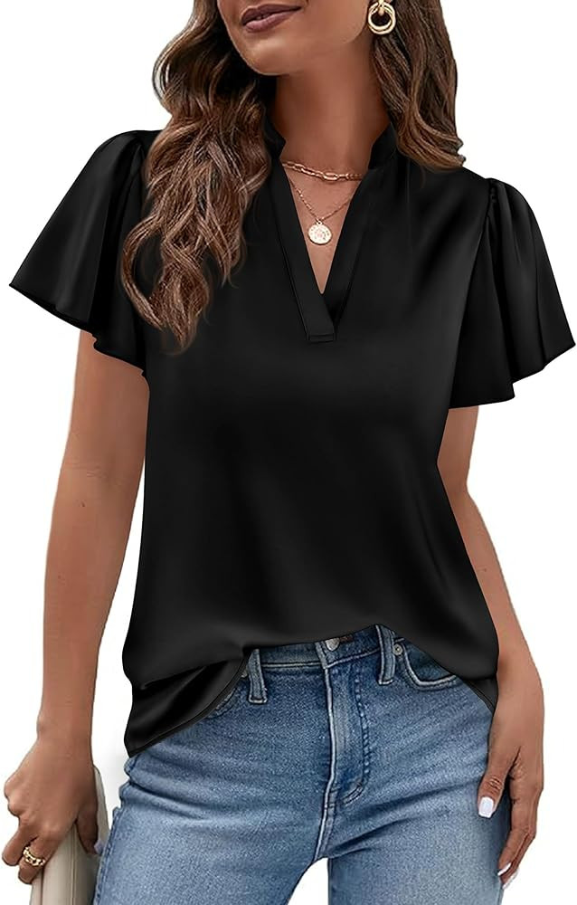 PRETTYGARDEN Women's 2026 Summer Blouses Dressy Casual Ruffle Cap Sleeve V Neck Business Work Tre... | Amazon (US)