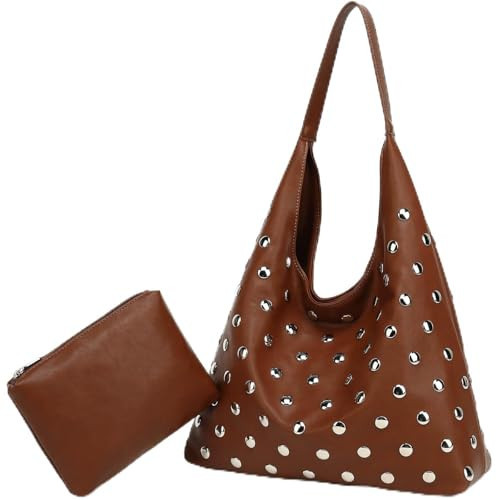 Studded Hobo Bag for Women, Vintage Vegan Leather Tote Purse, Ultra Soft Foldable Slouchy Shoulder Bag, Large Capacity Handbag for Work & Travel (Brown) | Amazon (US)