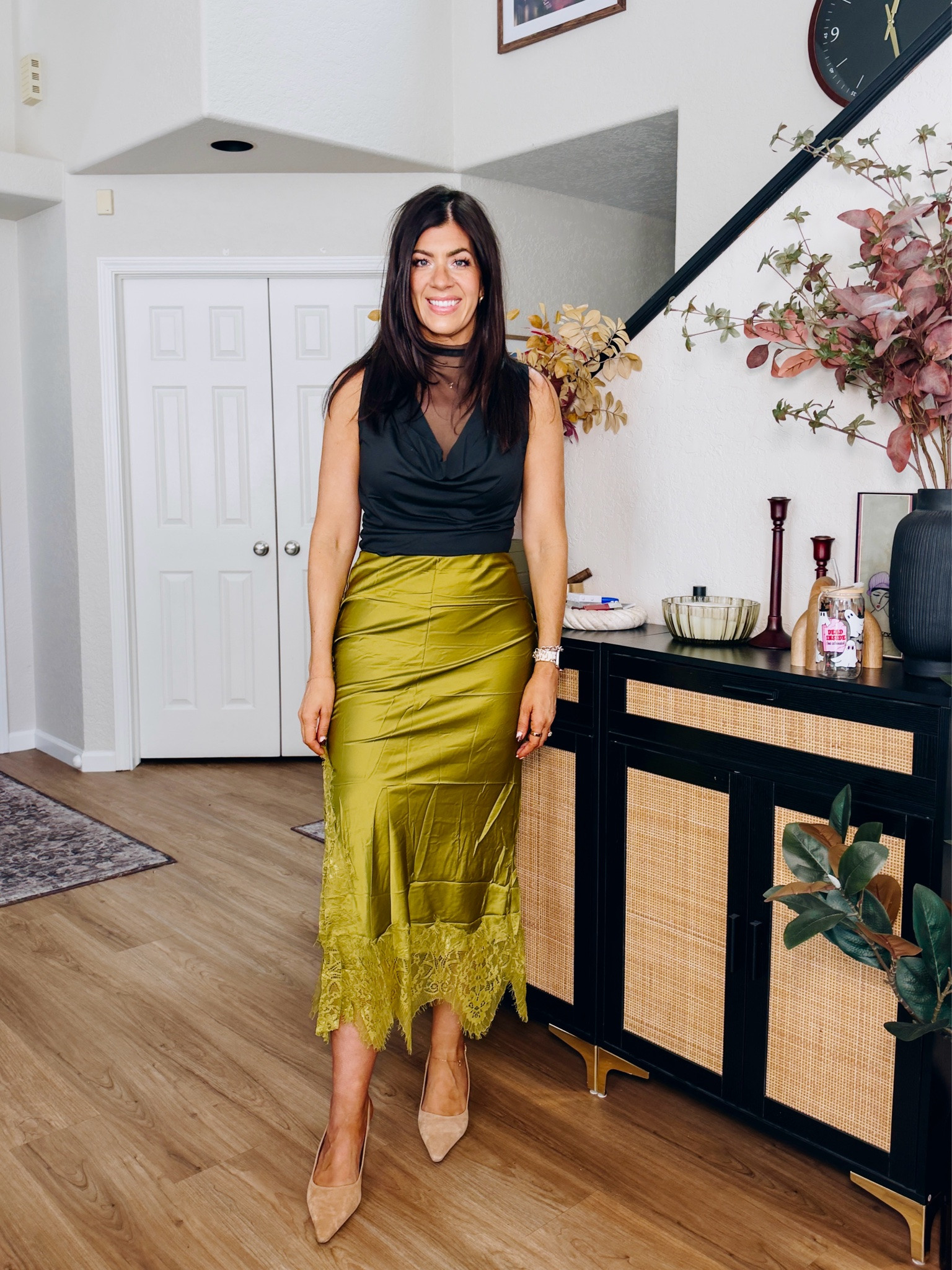 Fall fashion
Medium sheer tank
Medium chartreuse skirt