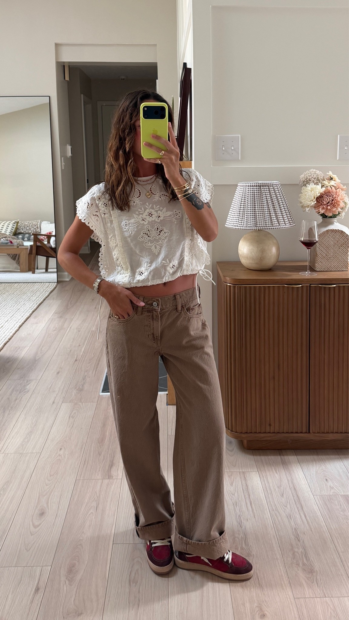 Size 4 blouse and 24 short jeans in light brown. Code AFCARRIE works on jeans until 8/10 !