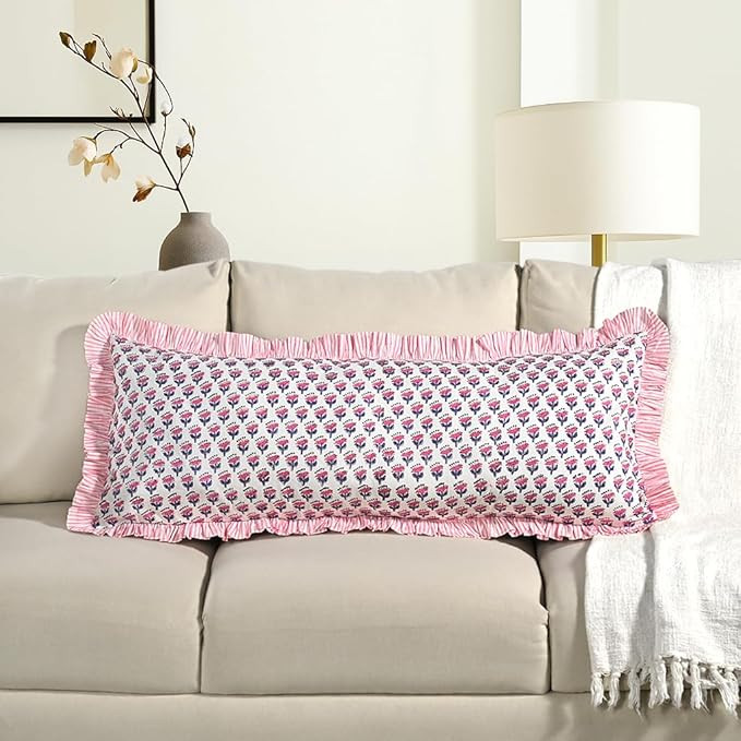 CPC Pink Sapphire Hand Block Printed Cotton Ruffle Sham Cover 14x36 Pack of 1 Boho Floral Pillowc... | Amazon (US)