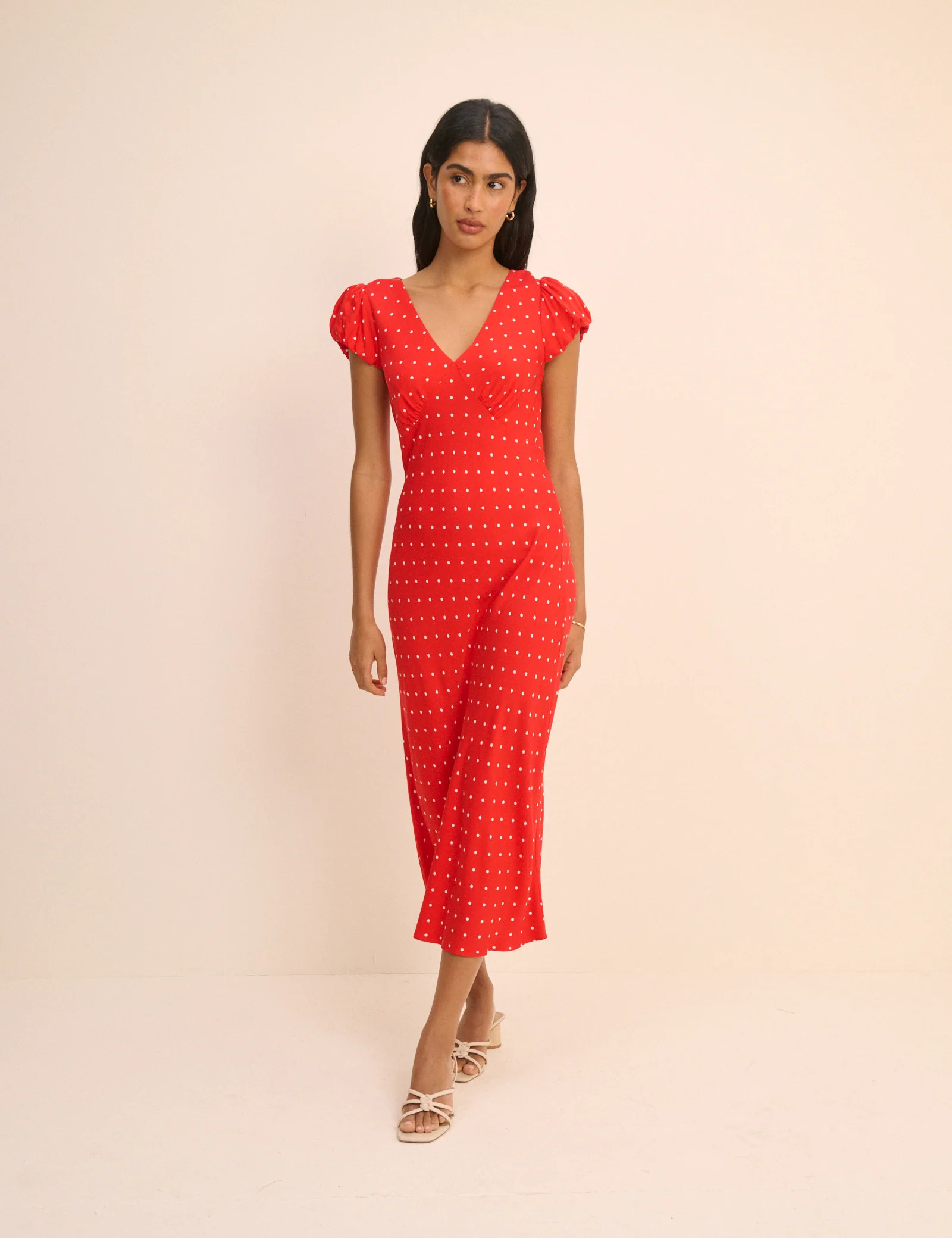 Red Polka Dot V-Neck Lina Midi Dress | Nobody's Child