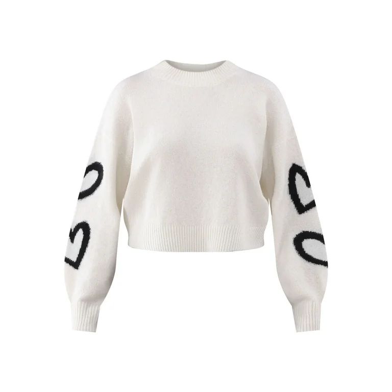 No Boundaries Crewneck Pullover Motif Sleeve Sweater, Women’s and Women’s Plus - Walmart.com | Walmart (US)