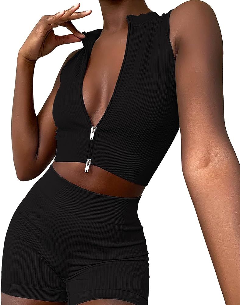 Danysu 2 piece Ribbed Outfit for Women Workout Set Double Zipper Crop Tank Top Booty Shorts | Amazon (US)