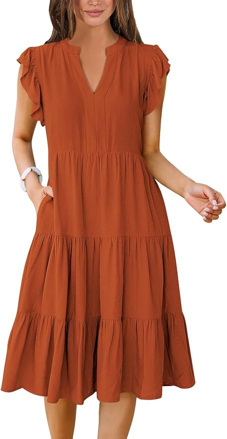 ANRABESS Womens Summer Dress Ruffle Sleeve V Neck Midi Dresses Fashion Casual Fit Flowy Tiered Bo... | Amazon (US)