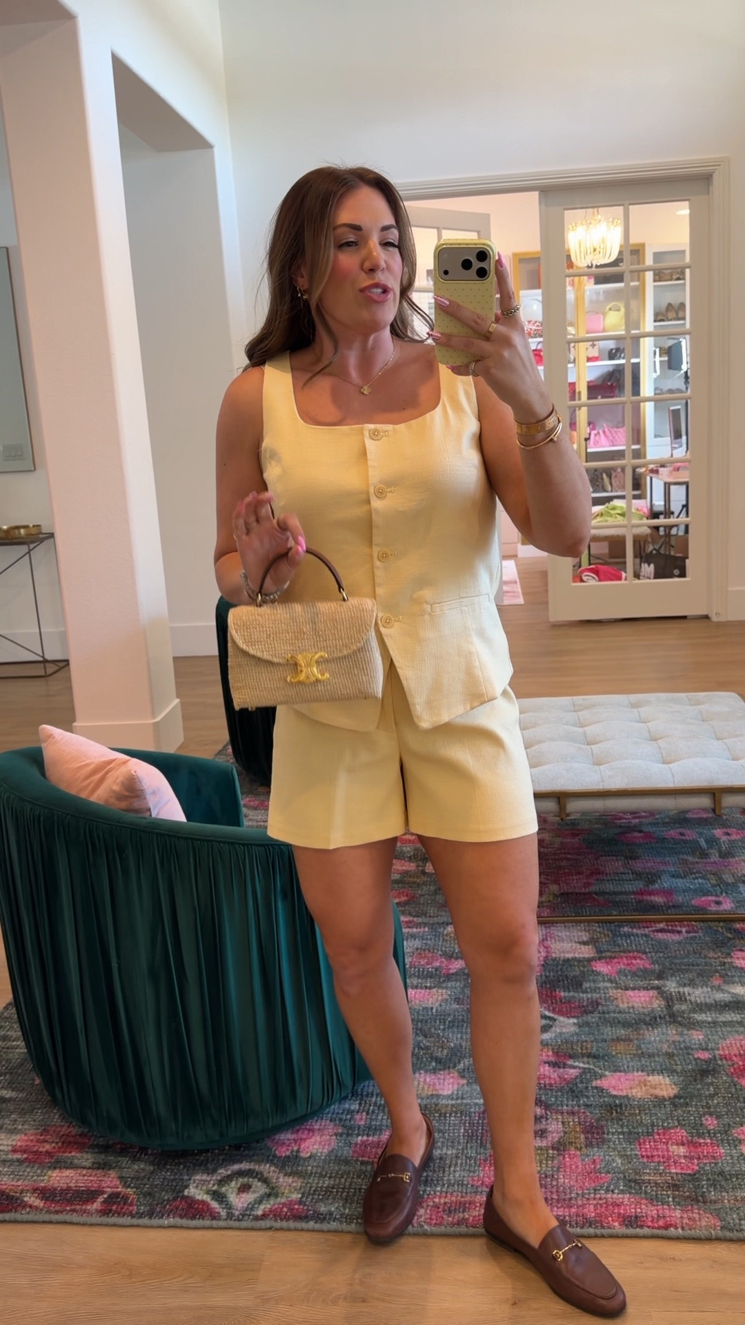 curvy midsize butter yellow linen outfit for summer! in the size large in top (just needed the medium though!) and size medium in shorts 💛  @Spanx