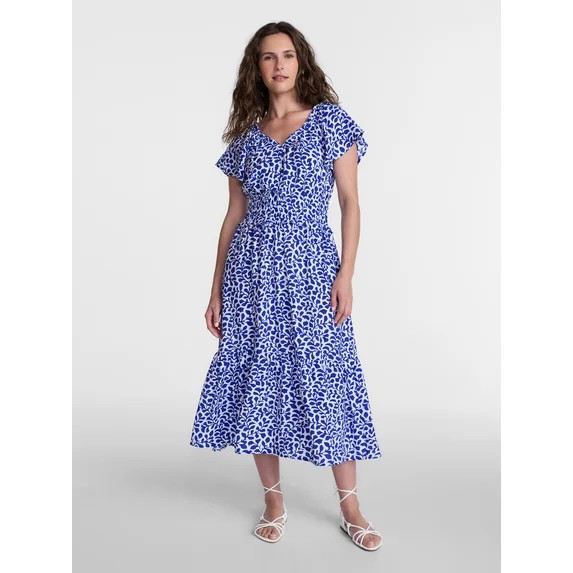 Time and Tru Women's Tiered Midi Dress with Flutter Sleeves, Sizes XS-XXXL | Walmart (US)