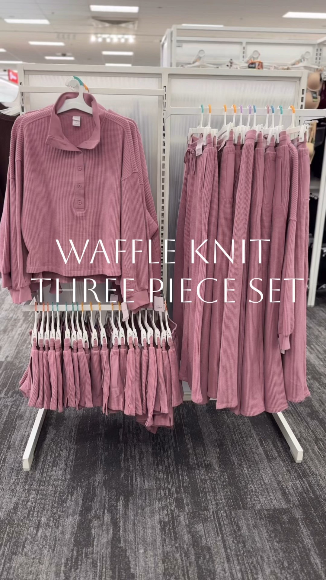 Waffle knit three piece sets, new + currently loving at Target‼️I grabbed the pink so fast! But love the chocolate brown, too! So cute and COMFY! Sizes XS-4X. The henley sweatshirt, the lounge pants, and the lounge shorts are all so cute to mix and match! Or style these pieces separately! I love these sets for travel this holiday season, school drop off, and lounging of course! Im 5’7” and grabbed the xs in the bottoms and small in the top! 

#LTKActive #LTKTravel #LTKFindsUnder50