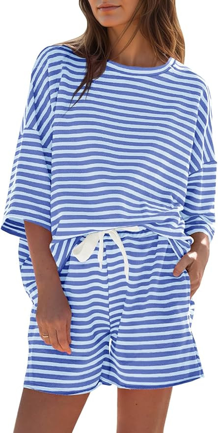 Fisoew Womens Striped 2 Piece Outfits Sweatsuits 3/4 Sleeve Oversized Tops High Waisted Shorts Ca... | Amazon (US)
