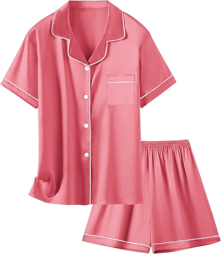 Schbbbta Girls Womens Pajamas, Satin Silky Pjs Set Kids 2Pcs Button-Down Nightwear Sleepwear Gift... | Amazon (US)