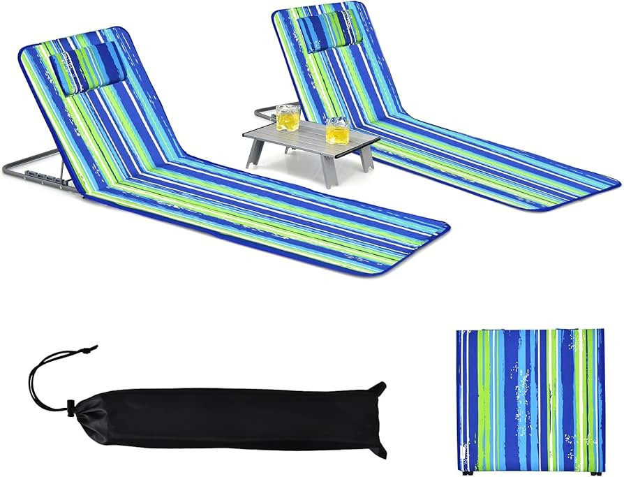 GYMAX Beach Chairs, Folding Tanning Lounge Chairs with Table Set, Adjustable Patio Floor Chair, O... | Amazon (US)