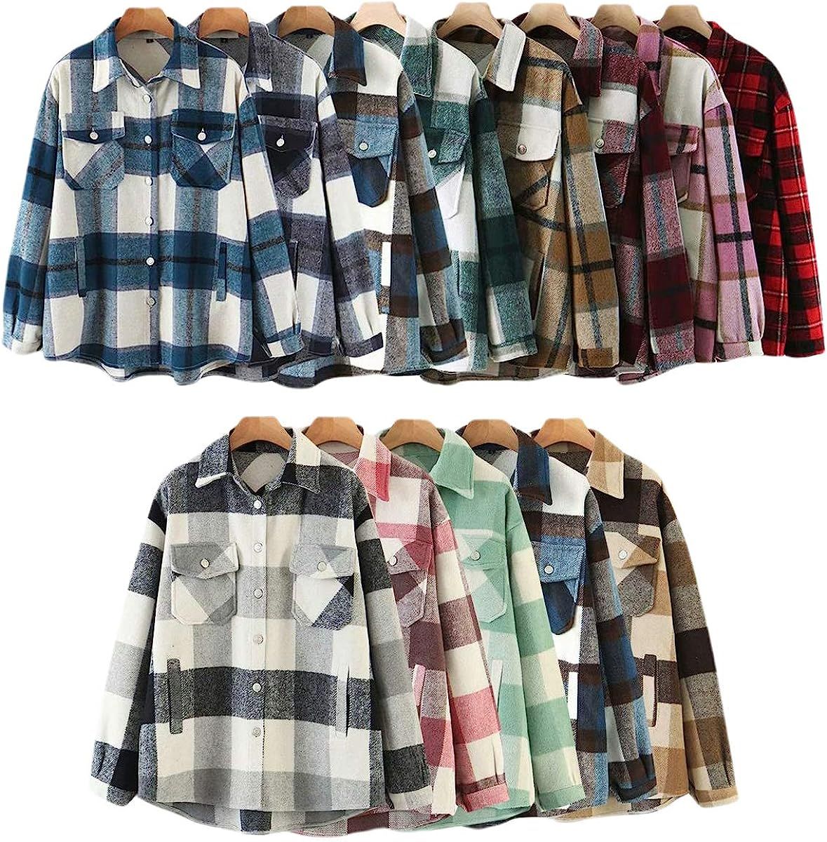 Women Plaid Long Sleeve Shirt Jacket Casual Wool Blend Button Down Shacket Shirts Coat | Amazon (US)