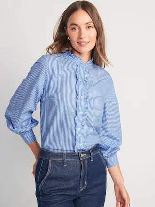 Ruffle-Trimmed Striped Collarless Tuxedo Shirt for Women | Old Navy (US)