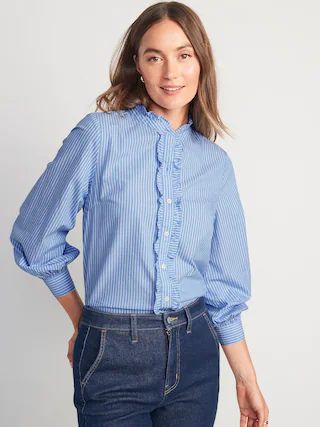 Ruffle-Trimmed Striped Collarless Tuxedo Shirt for Women | Old Navy (US)
