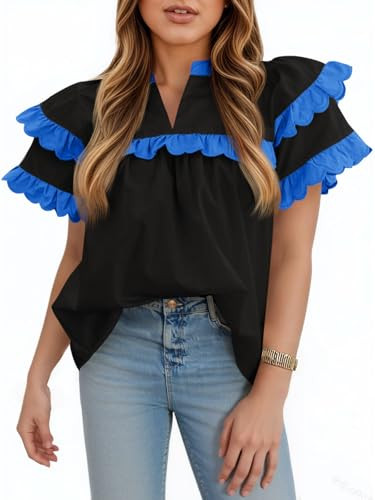 Tankaneo Womens Ruffle Sleeve Babydoll Tops Color Block Summer V Neck Pleated Blouse Dressy Casual Loose Fit Shirts Black | Amazon (US)