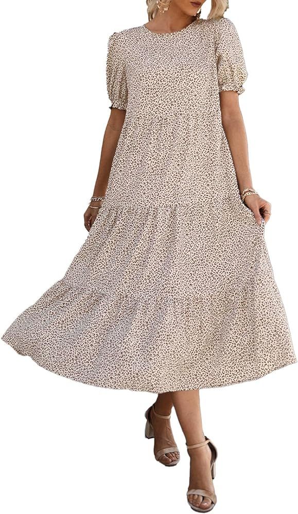 Women's Summer Casual Boho Dress Floral Print Ruffle Puff Sleeve High Waist Midi Beach Dresses | Amazon (US)