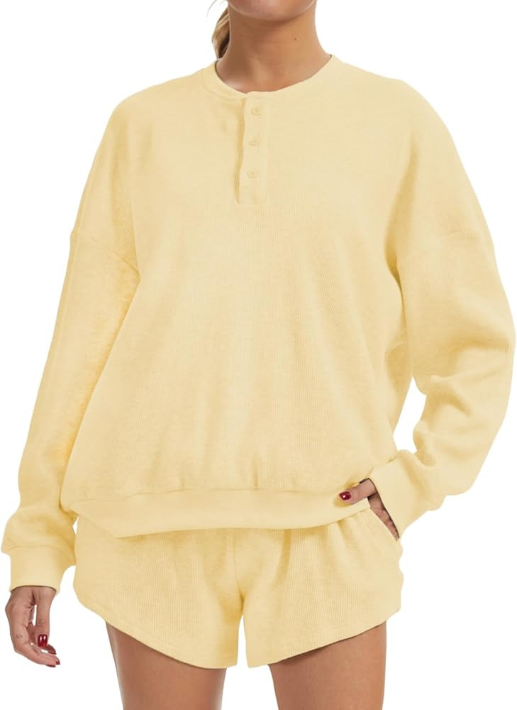 AnotherChill Women's Oversized Waffle Knit Lounge Set Long Sleeve Sweatshirt and High Waisted Sho... | Amazon (US)