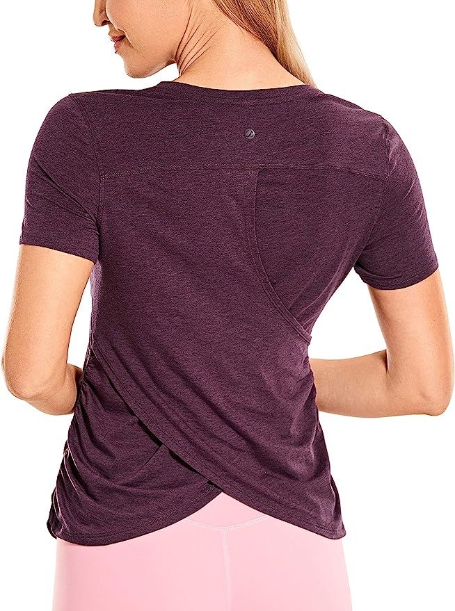 CRZ YOGA Women's Workout Short Sleeves Athleisure Shirts Split Back Yoga Top with Side Shirring | Amazon (US)